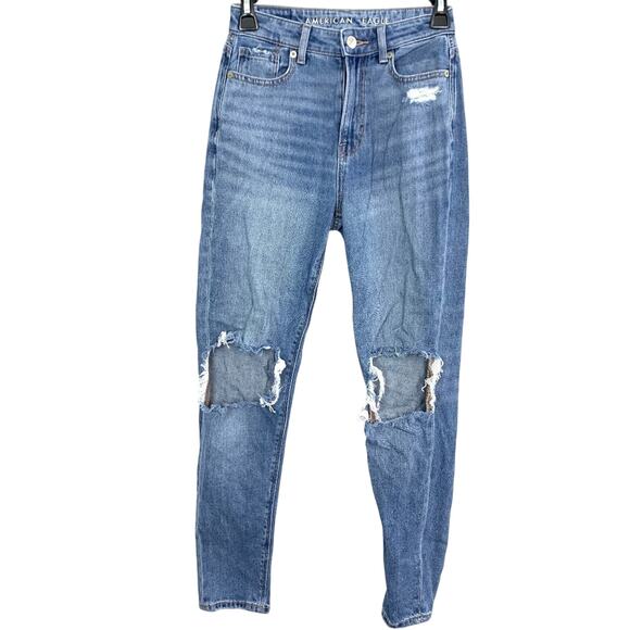 American Eagle Mom Jeans Distressed High Rise Holes Ripped Medium Blue Wash 000 - Picture 1 of 16